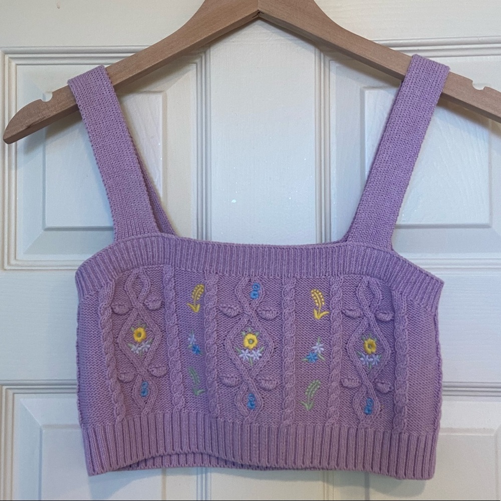 Purple Embroidered Sweater Crop Top